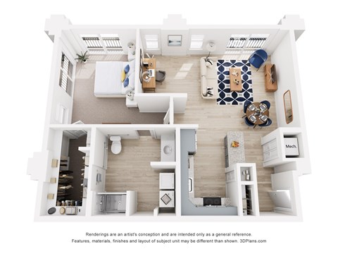 A 3D floor plan of a one bedroom apartment with a kitchen, living room, den and bathroom.